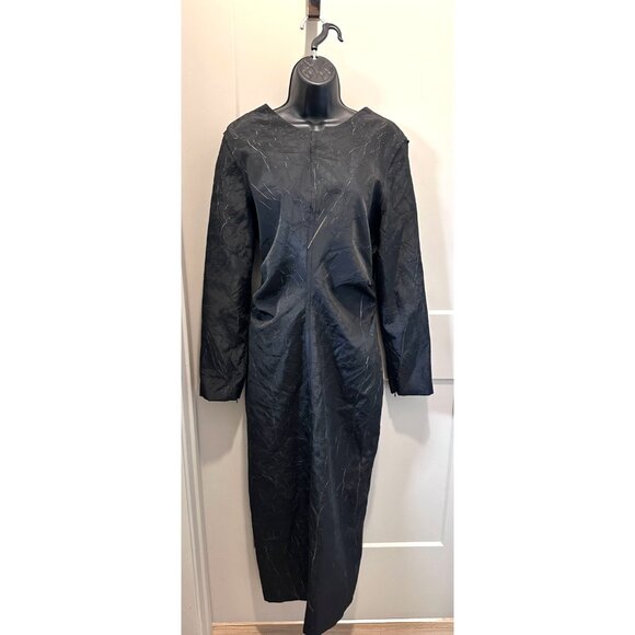 ZARA Black Round Neck Long Sleeves Wrinkled Fabric Open Back Midi Dress SzXL New - Picture 1 of 14